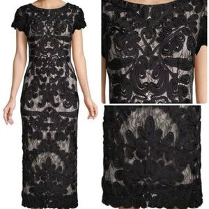 NWT $348 JS Collections Black Soutache/Lace Cap Sleeve Evening Gown, Sz 16!